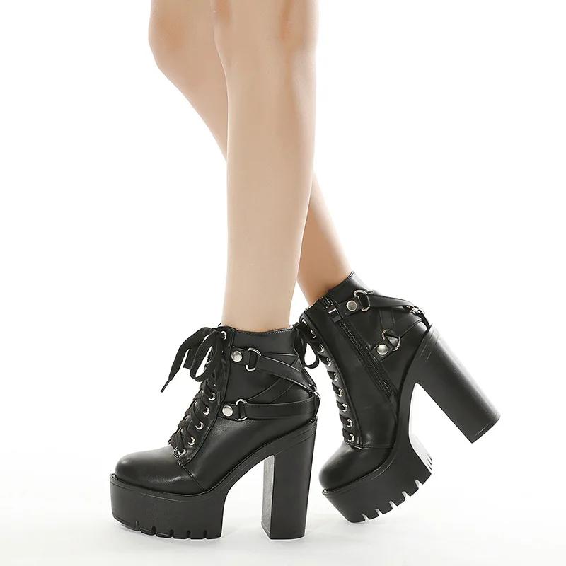 Hochwertige japanische Harajuku Gothic Cosplay Stiefel Frauen dicke Plattform Knöchel Schnalle Schnürung Wadenstiefel Reißverschluss hinten