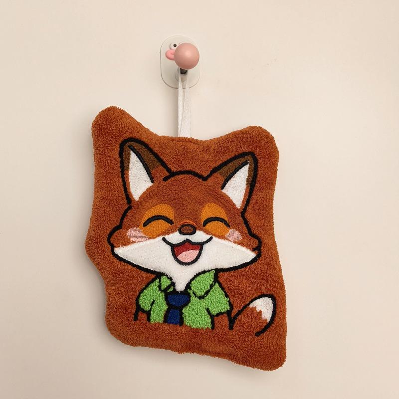 Coral Fleece Cartoon Fox & Rabbit Embroidered Hanging Hand Towel - Soft, Absorbent, Cute for Kids & Kitchen Use. 18x20 cm