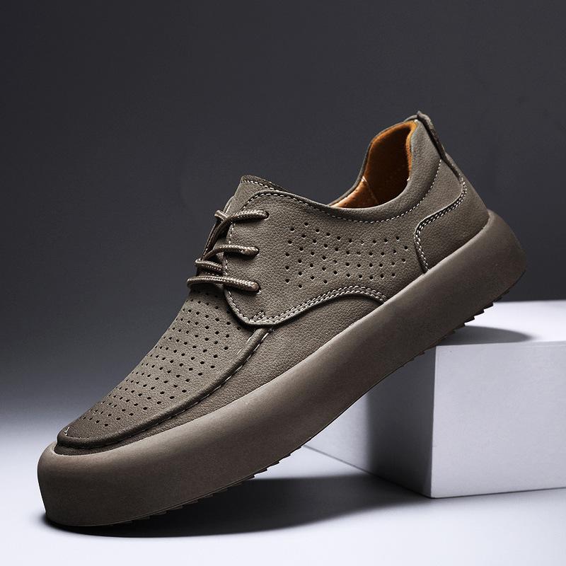 

2025 new men s leather shoes summer breathable soft sole punched hollow round head leather casual shoes trendy loafers 44