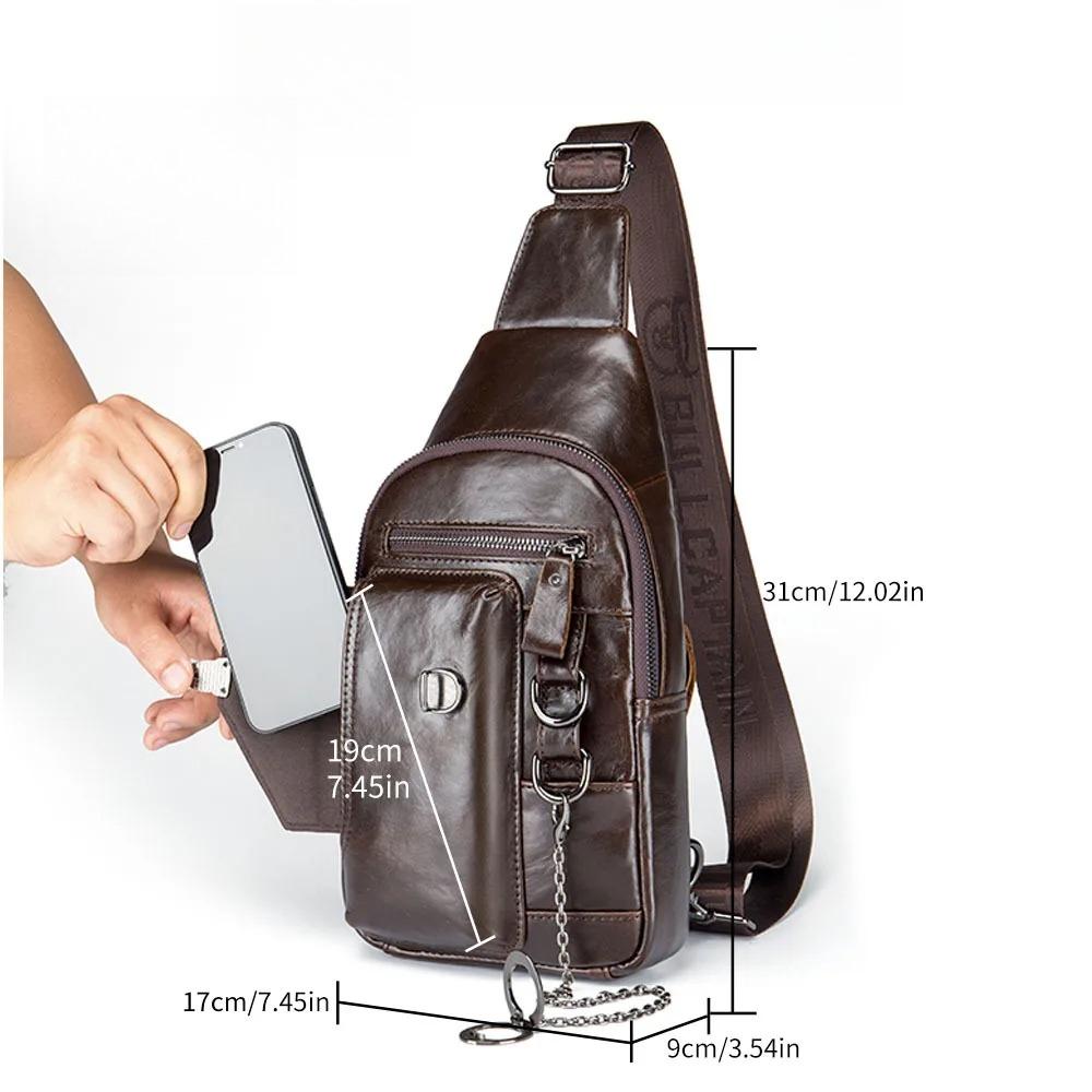 BULLCAPTAIN Men's Genuine Leather Chest Bag Vintage Crossbody Sling Backpack with Phone Holder for Travel Hiking Cycling