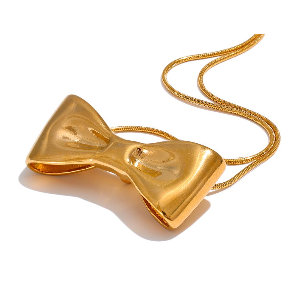 

Yhpup Adjustable Long Chain Stainless Steel Metal Bow Knot Golden Trendy Pendant Choker Necklace Texture Fashion Jewelry