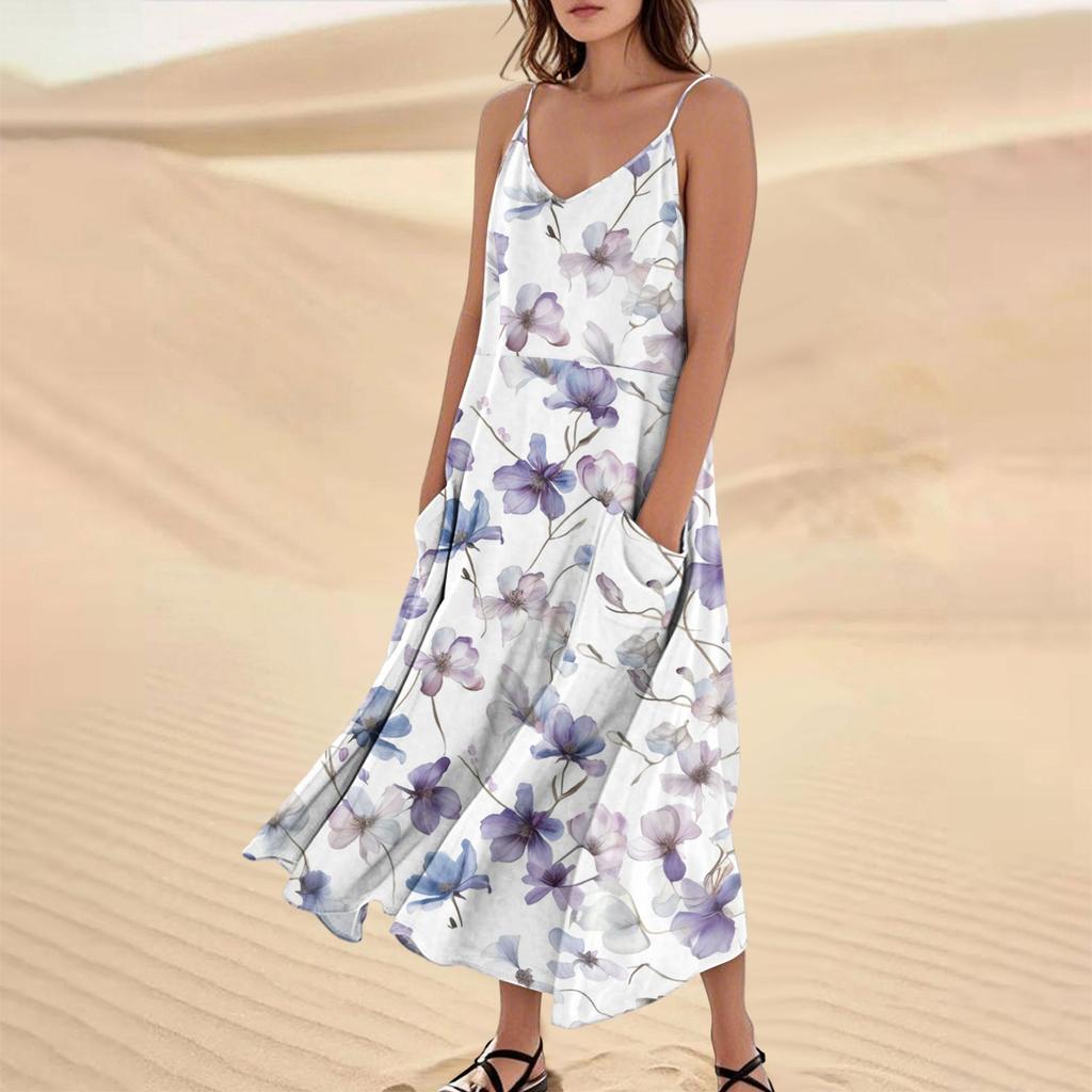 Women's Casual V Neck Floral Print Sleeveless Pocket Suspender Dress
