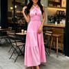 Women's Sleeveless Halter Maxi Dress Crisscross Ruched Backless Tiered A-line Swing