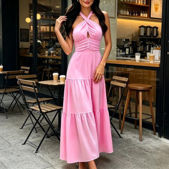 Women's Sleeveless Halter Maxi Dress Crisscross Ruched Backless Tiered A-line Swing