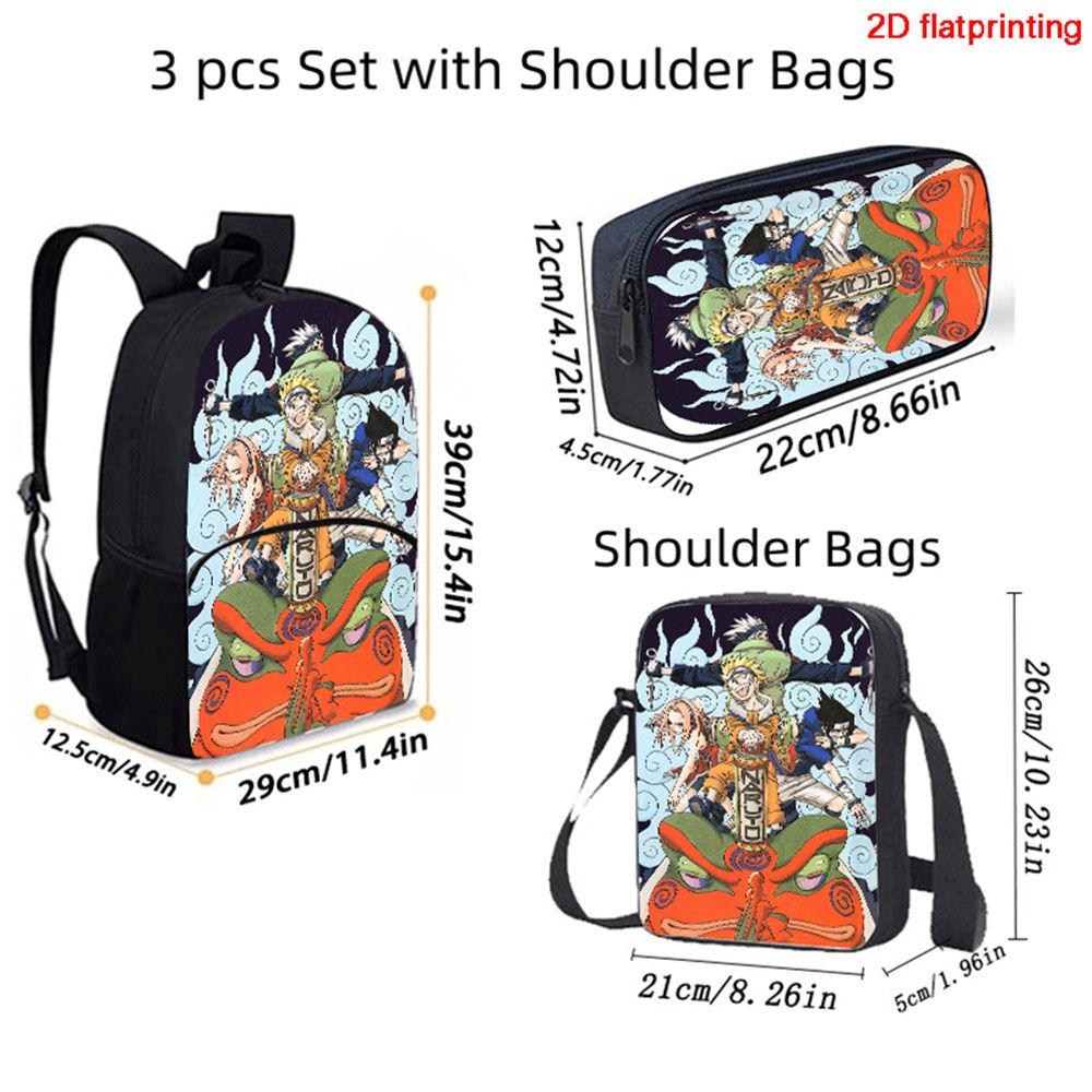 3Pcs Set School Backpack with Front Pocket, Crossbody Bag & Pencil Bag, Cartoon NARUTO, Lightweight for Boys & Girls Ages 6-10