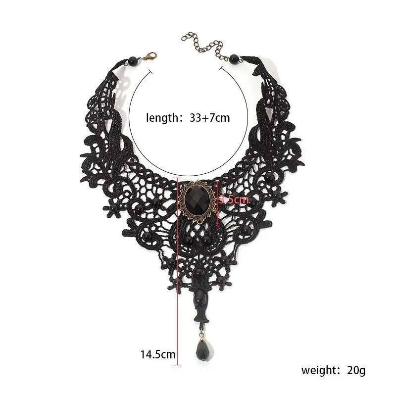 Fashion Vintage Gothic Choker Necklace Black Lace Beaded Collar Steampunk Style Layered Gemstone Pendant for Women Jewelry