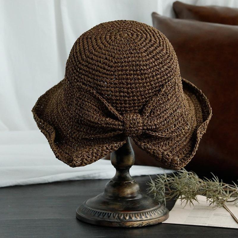 Straw Hat Female Bowknot Crochet Summer Basin Hat Foldable Beach Sun Hat Wide Brim Kids Princess foldable beach Hats