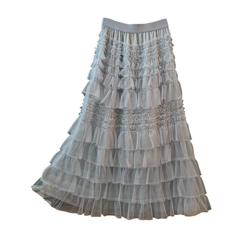 Elegant French Ruffled Multi-layered A-line Fluffy High-waisted Pleated Skirt for Women - Autumn 2025 Collection