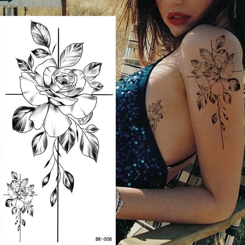 1 Stück Sexy Schwarze Blume Temporäre Fake Tattoo Aufkleber für Frauen Mädchen Falsche Tattoos DIY Wassertransfer Tattoos Körperkunst Make-up