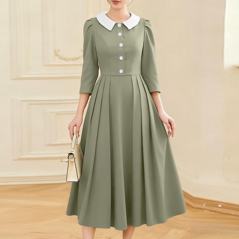 ZANZEA Women Casual Splice Doll Collar Loose Long Sleeve Elegant Dress