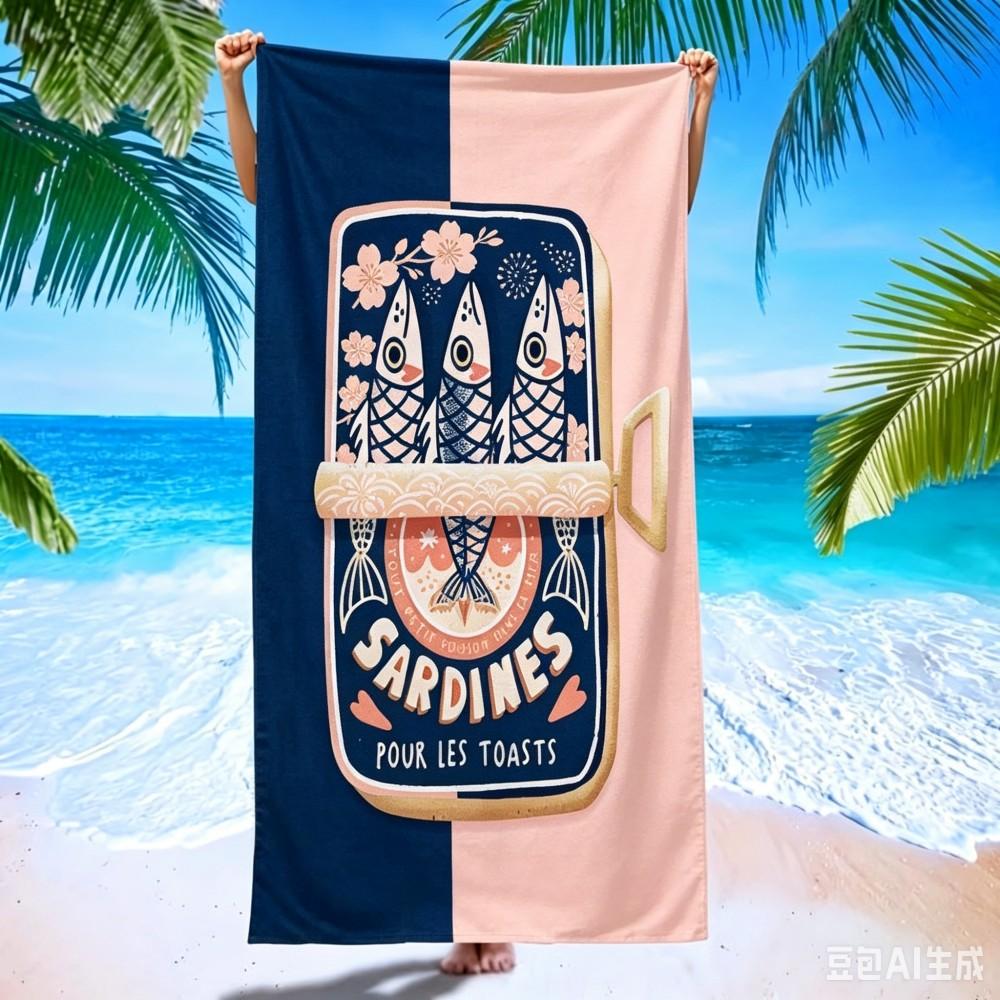 Vintage French Sardine Beach Towel Oversized Retro Tin Print Microfiber Towel for Summer Pool 50x100cm