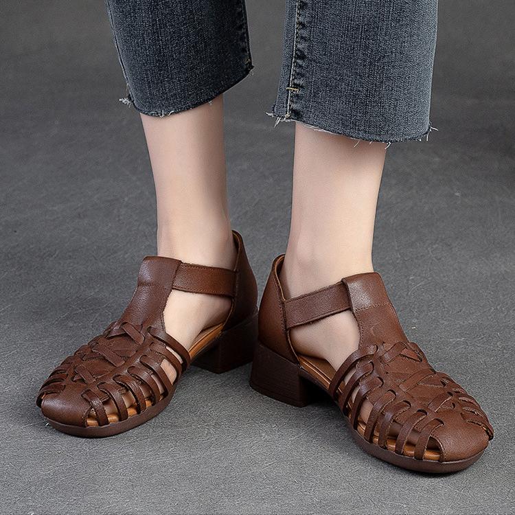 Johnature Sandales respirantes tricotées ajourées pour femmes, chaussures rétro en cuir véritable confortables à talons épais