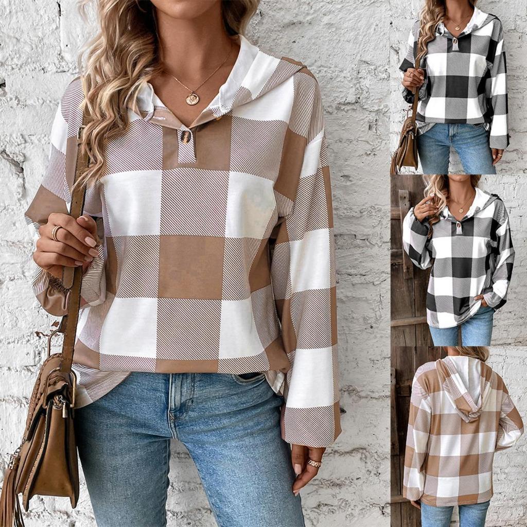 New Women's Oversized Hooded Plaid Print Casual Sweatshirt Long Sleeve Autumn Winter Button