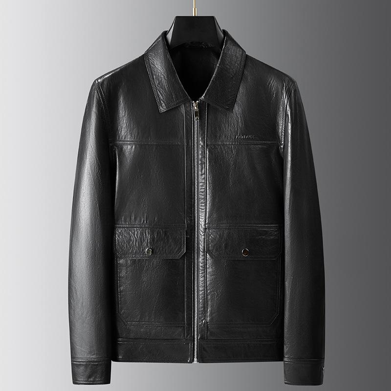 

Куртка из натуральной кожи для мужчин среднего возраста, деловая, повседневная, с лацканами, застежкой-молнией, куртка из коровьей кожи, модная куртка, мужская одежда 195