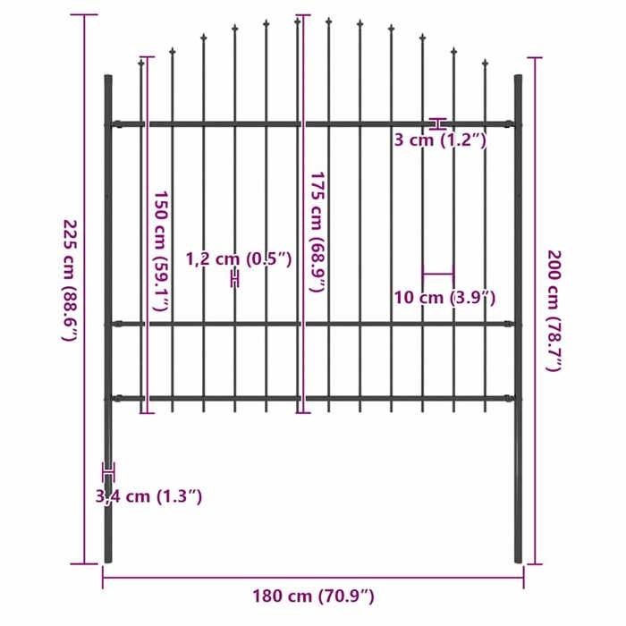 VidaXL Garden Fence with Spear-Shaped Top Steel 181 X 175 Cm Black 144944
