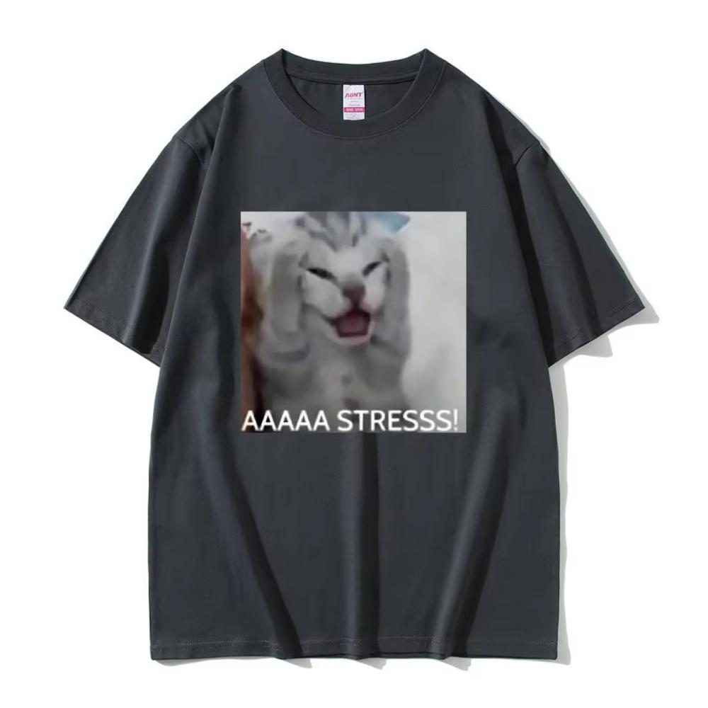 Cute Funny Stressed Cat Meme Tshirt Summer Men's Women Casual Loose Oversized T-shirts Male Cotton Short Sleeve Printed T Shirts
