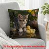 2D Flat Printing, 1pc, Tabby Kitten and Duckling In Pond with Wildflowers, Pillow Cover, Polyester, Modern Home Decor: Decorative Covers Suitable for 