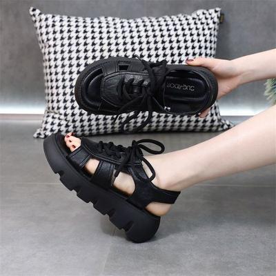 Leather Sandals Women's Summer Models 2025 New Fashion Muffin Platform Heel Skirt Wear Internet Celebrity Roman Sandals