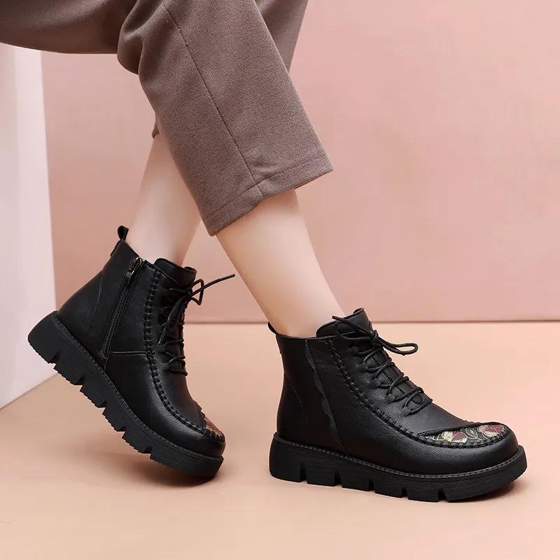 Fashion Winter Women Leather Ankle Boots Female Non-slip Warm Snow Boots Mother Waterproof Flat Heels Booties Free Shipping