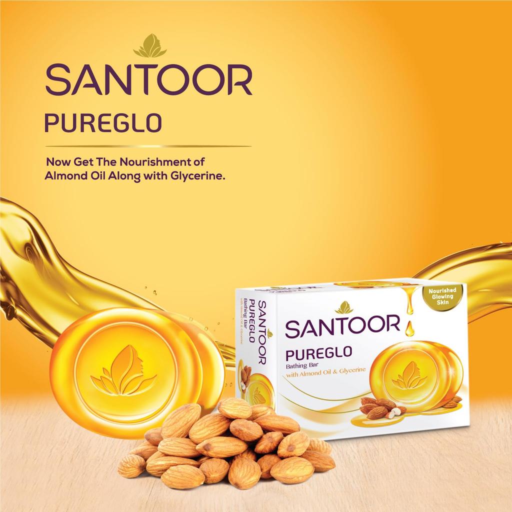Santoor PureGlo Glycerine Soap with Almond Oil Pack of 1 Refreshing Daily Moisturizing Body Cleansing Bar( 125g X 6N )900g