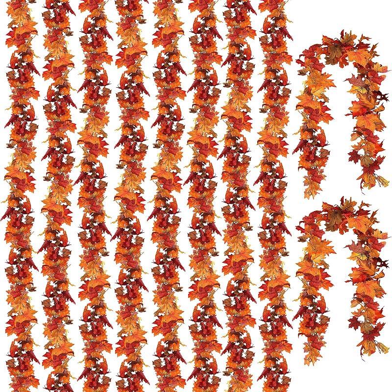 CQURE 10 Pack Fall Leaf Garland, Hanging Vines Garland Artificial Fall Maple LeavesThanksgiving Decor for Home Wedding Fireplace Party