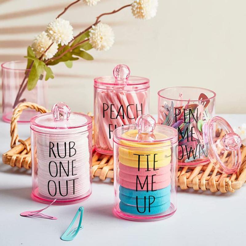 4 Pack Qtip Holder Dispenser with Lids and Labels - 10 Oz Apothecary Jars Bathroom Vanity Canister Organizer for Swabs, Floss