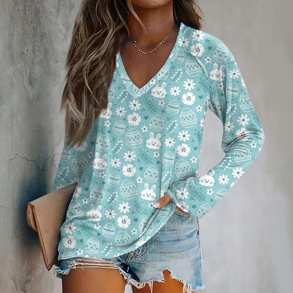Women's Long Sleeve Plunger Sleeve Easter Print Casual Top T-Shirt
