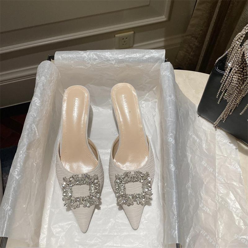Spring and summer square buckle rhinestone bag head, empty cool slippers, pointed thin heels, high heels, single shoes, half slippers