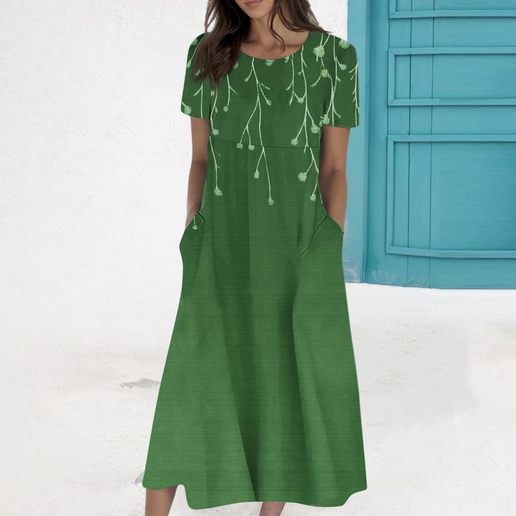 Women's Summer Casual Fashion Printed Short Sleeve Round Neck Pocket Dress