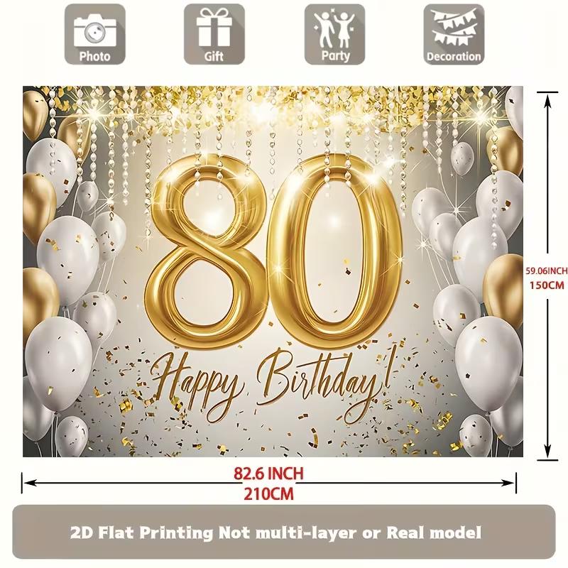 2D Luxury Gold Number 80 Happy Birthday Backdrop Banner Photo Booth
