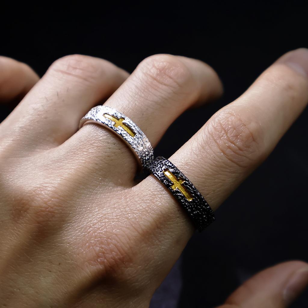 Retro Golden Cross Adjustable Open Ring For Men Silver-plated Copper Punk Edgy Niche Jewelry Christian Accessories Unisex Gift