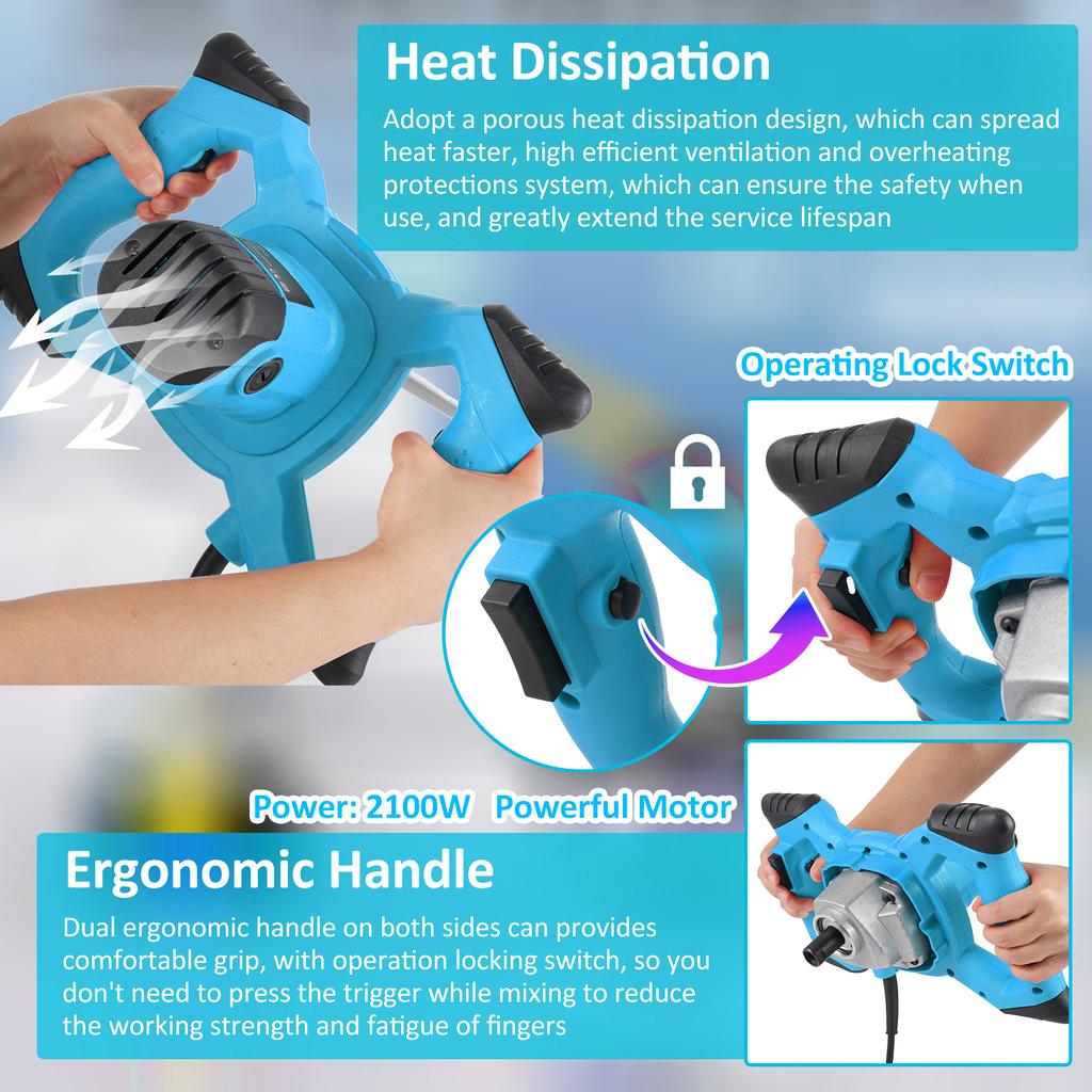 2100W Highpower Industrial Electric Mixer Mixing Drill 6Speed Control Paint Cement Coating Mixer