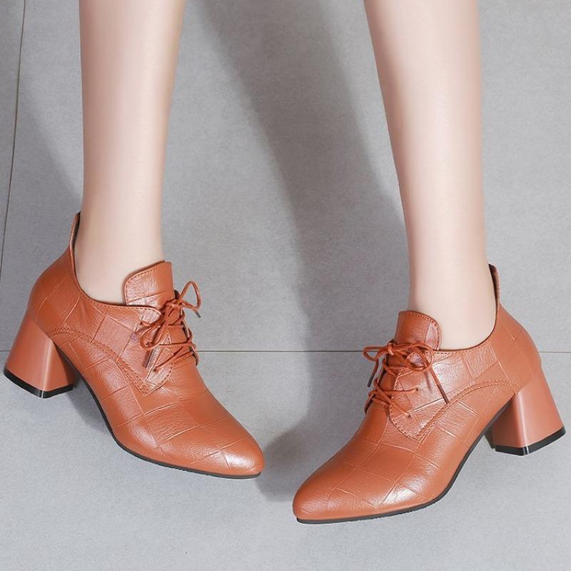 Women's Shoes Spring and Autumn Lace-up Small Leather Shoes Women's British Soft Leather Pointed Toe Deep Thick Heel Medium-heeled Single Shoes
