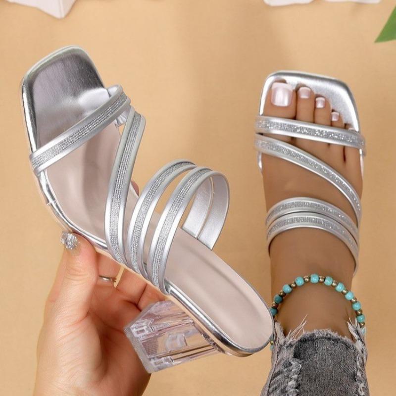 Fashion Women's Fashion Slippers Summer New Square Head Open Toe Sequin Thin Strap Slip-on Wear Resistant Chunky Heels