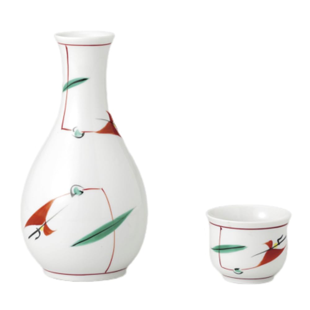 Sake Tsuyukusa Sake Bottle Two Sake Mino Ware Perfect for Cold and Hot Made In Japan Ale-net Set, Red-painted Design, 1-go (180ml) & Cups, Ceramic,