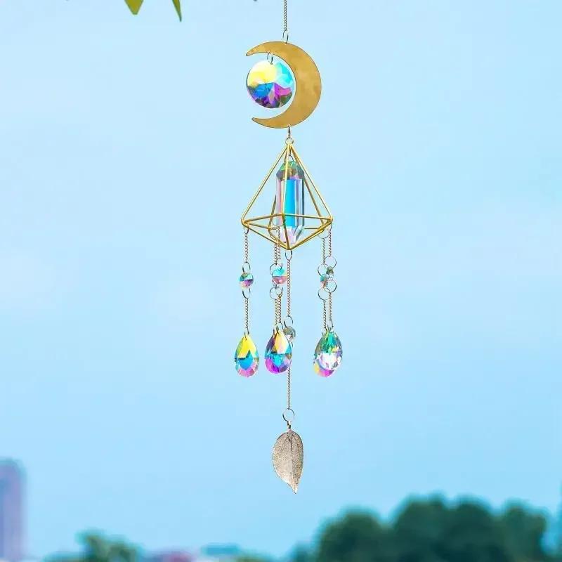 1pcs Refractive Light and Shadow Crystal Glass Wind Chimes Metal Moon Style Crystal Pendant Balcony Window Decorations  Pendants