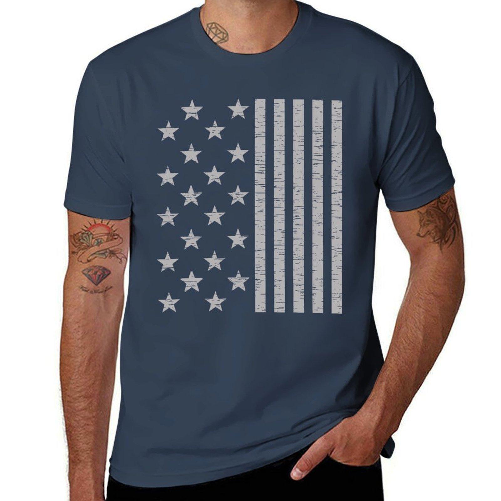 Grey Stars And Stripes Tshirt Fashion Simple Casual Tee Shirt S