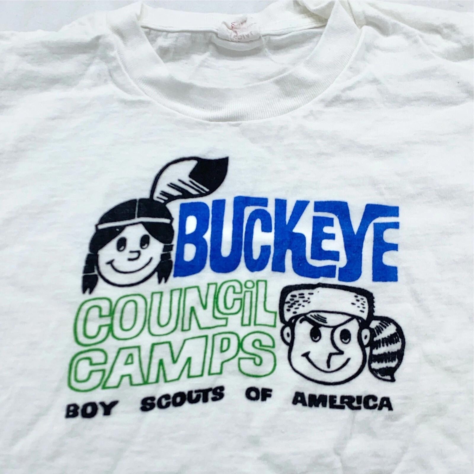 

vtg 60s BOY SCOUTS OF AMERICA BUCKEYE COUNCIL CAMPS T-Shirt 2XS ohio soft bsa XL