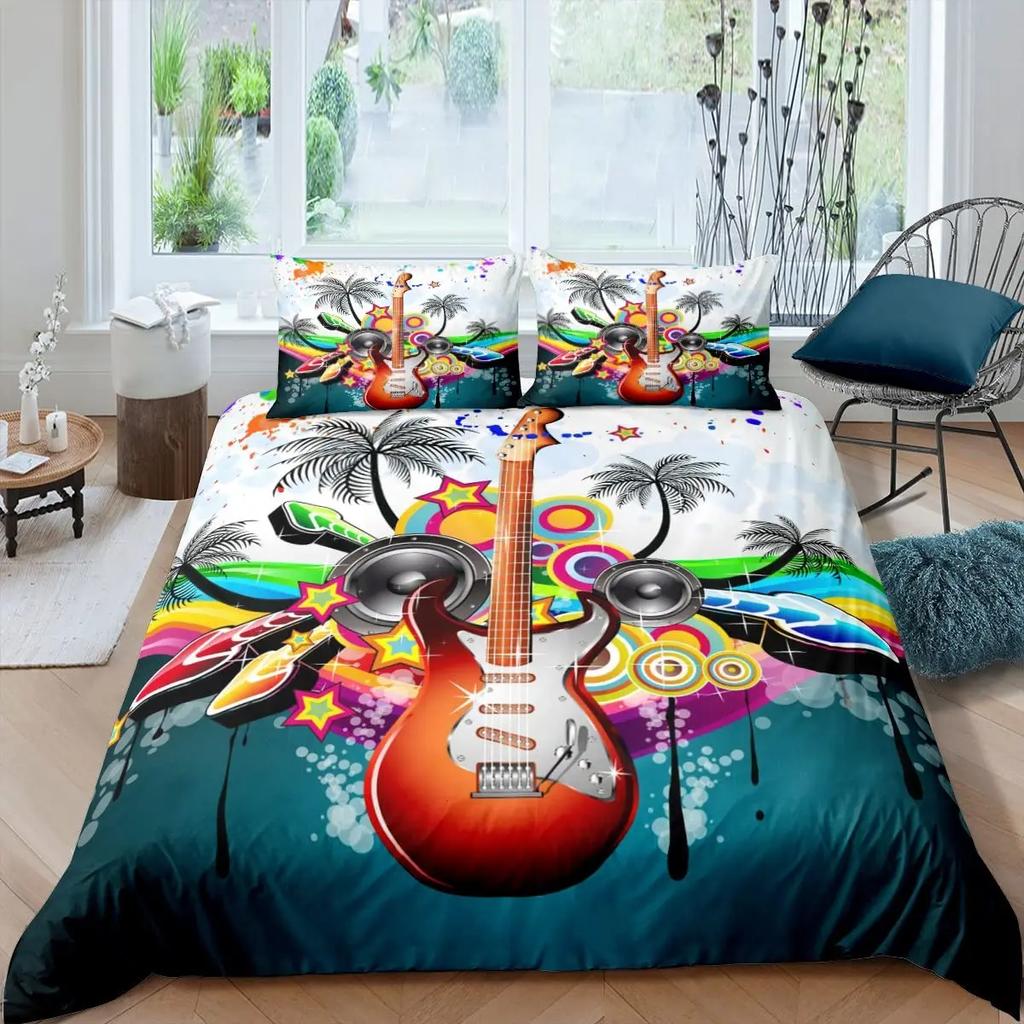 Set Biancheria da Letto Matrimoniale Rock Roll Music King Queen con Federe, Copripiumino con Cuffie e Chitarra, Copripiumino Stile Punk Graffiti in Poliestere