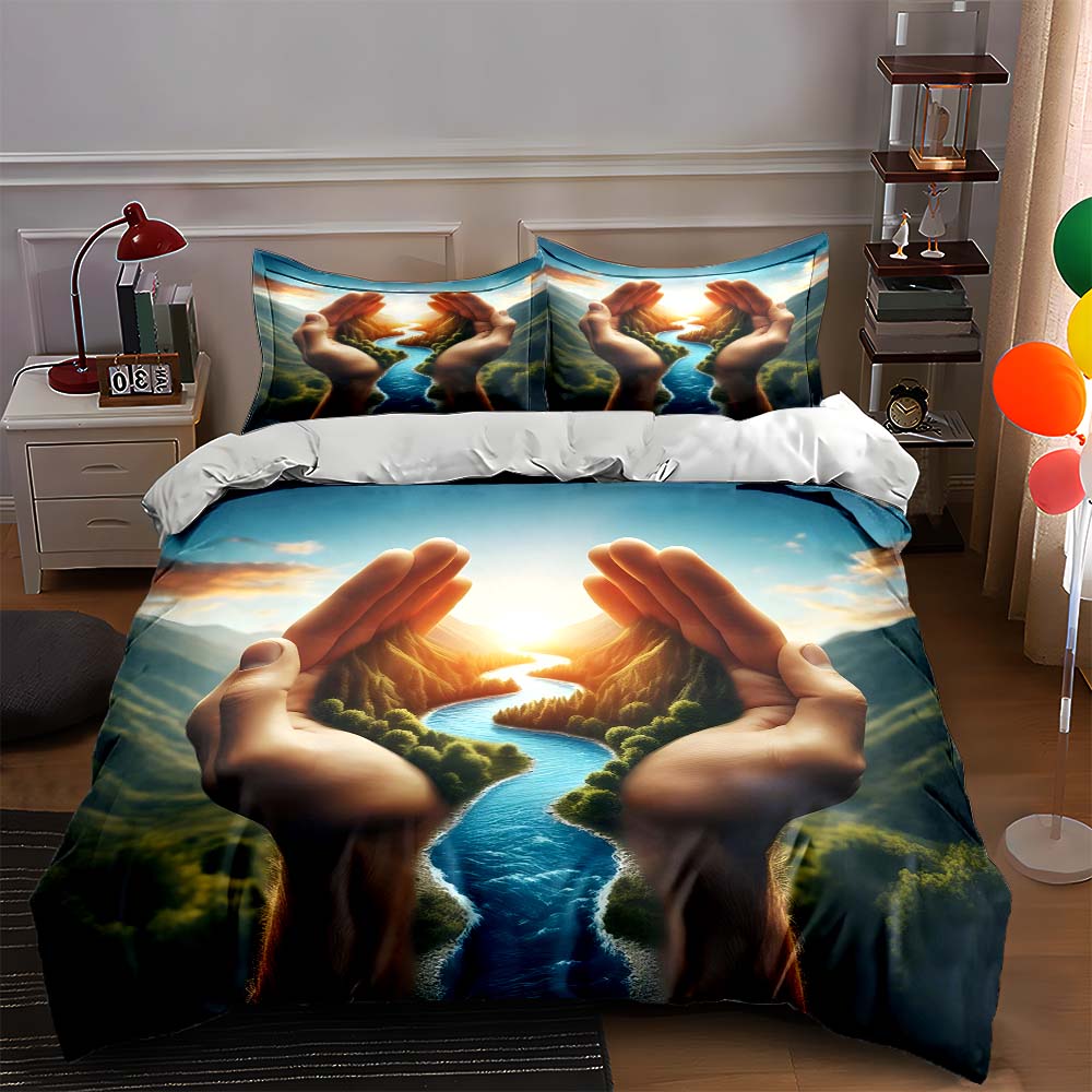 

Hands cradle landscape. Bedding Duvet cover sets Duvet covers Pillowcases gifts (1 * Duvet Cover 2 * Pillowcases, without duvet insert) 135x200cm