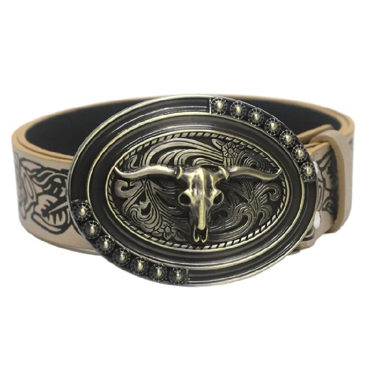 Ethnic Metal Buckle Embossed Belt Engraved Belt PU Leather Adult Cowboy Belt