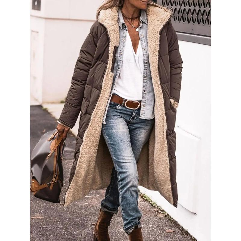 

Зимняя стеганая куртка с капюшоном для женщин, однотонное двустороннее толстое пальто с длинным рукавом, теплая модная длинная верхняя одежда, повседневные пуховики S коричневый