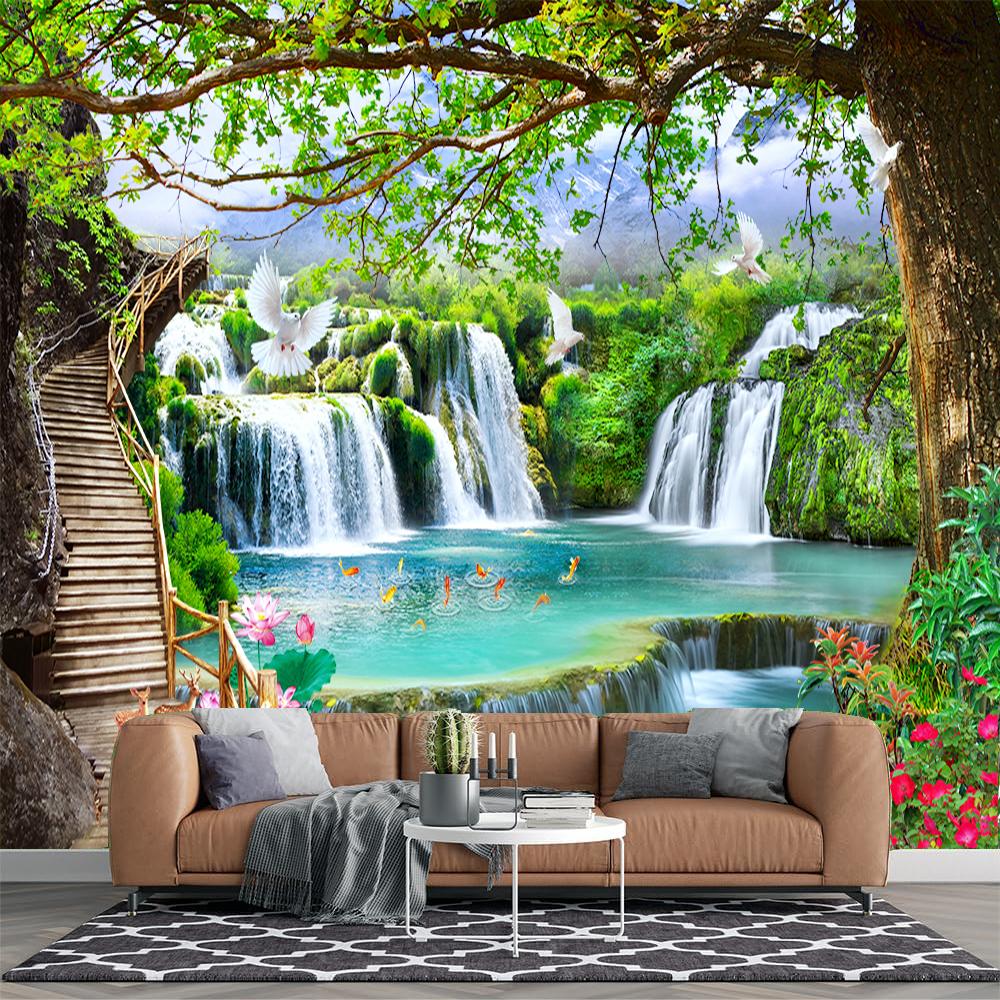 

Fashion Waterfall Wallpaper Simple Tree Forest Waterfall Wall Mural Personality Landscape Background Mural Home Decor 200 cm(W) x 140 cm(H)