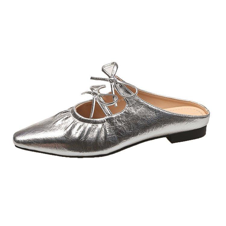 French High Sense 2025 New Mary Jane Shoes Pointed Head Bag Head Wear Flat Bow Flat Bottom Cool Slippers Women