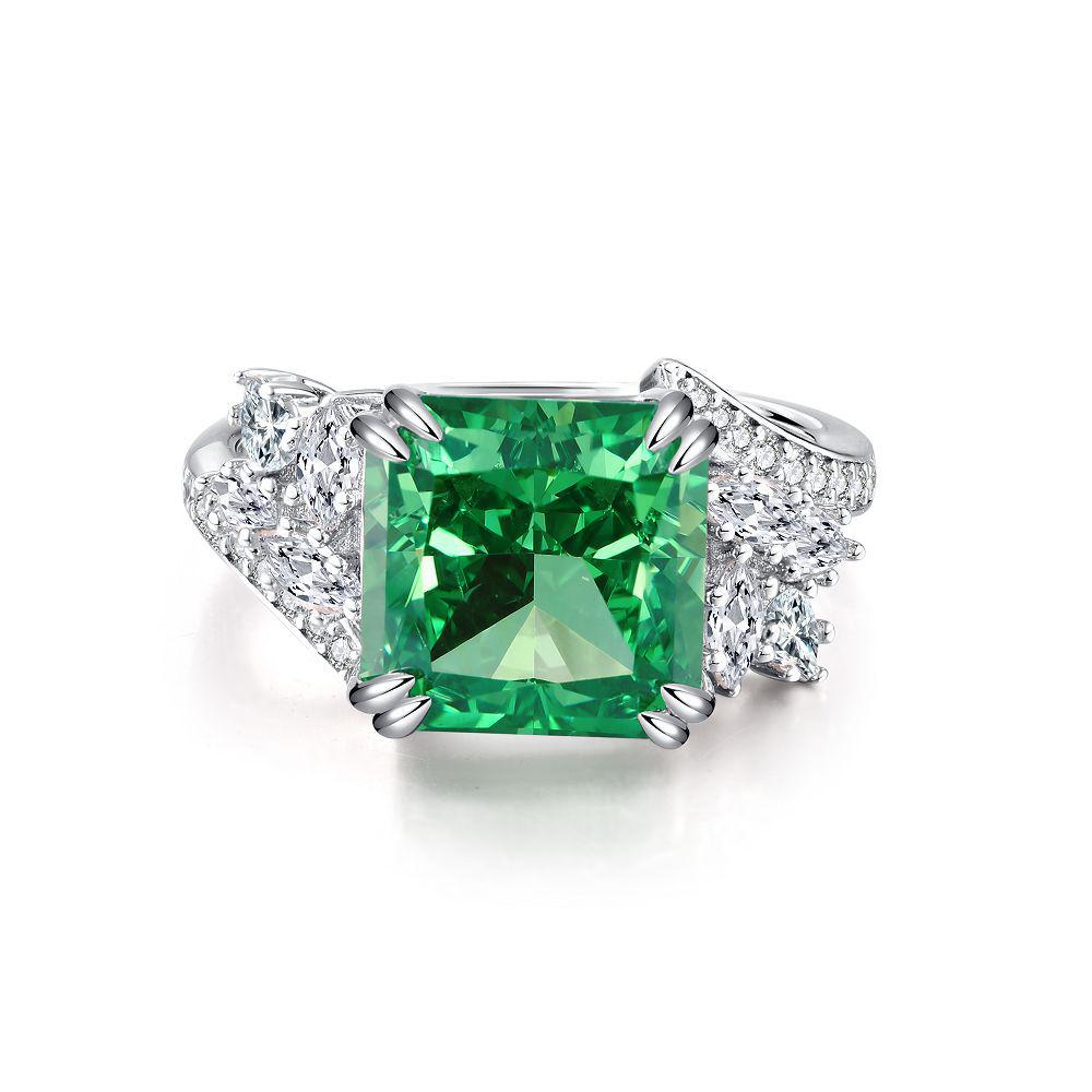 S925 Sterling Silver Wood Grain Ring, Emerald Cotton Floss Green Gem with Zircon and High Carbon Diamond Accents