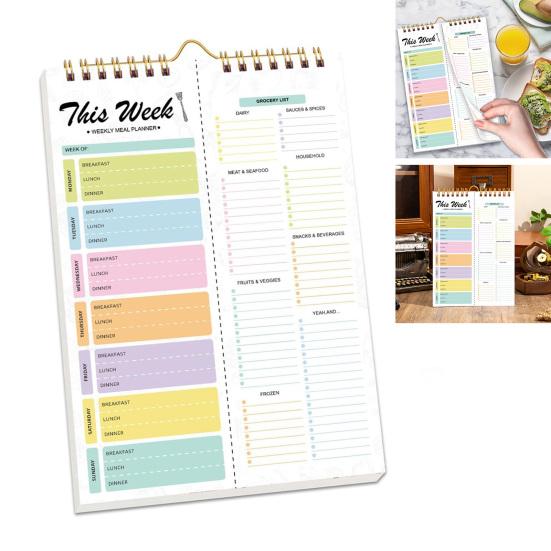 Magnetic Weekly Meal Planner Notebook Wall-Mounted Meal Planning Pad Grocery List Notepad Double Helix Tear-Off Shopping List Kitchen Organizer