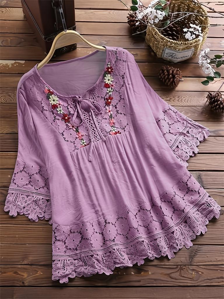 Plus Size Elegant Blouse, Women's Plus Floral Appliques Contrast Guipure Lace Short Sleeve Tie Neck Top