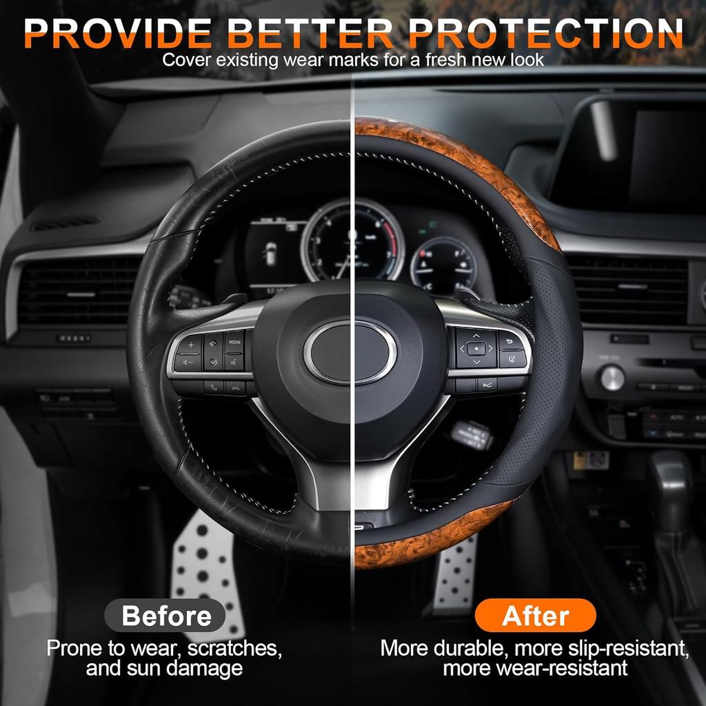 JUSTTOP Wood Grain Car Steering Wheel Cover, 14.5-15 Inchs Leather Steering Wheel Cover, Anti-Slip, Car Interior Accessories for Men Women, Universal