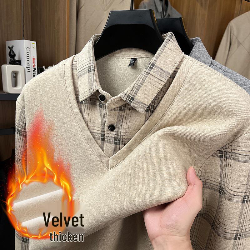 Men's 2025 Winter Plus Velvet Faux Two-Piece Lapel Knitwear for Middle-Aged & Elderly Dads