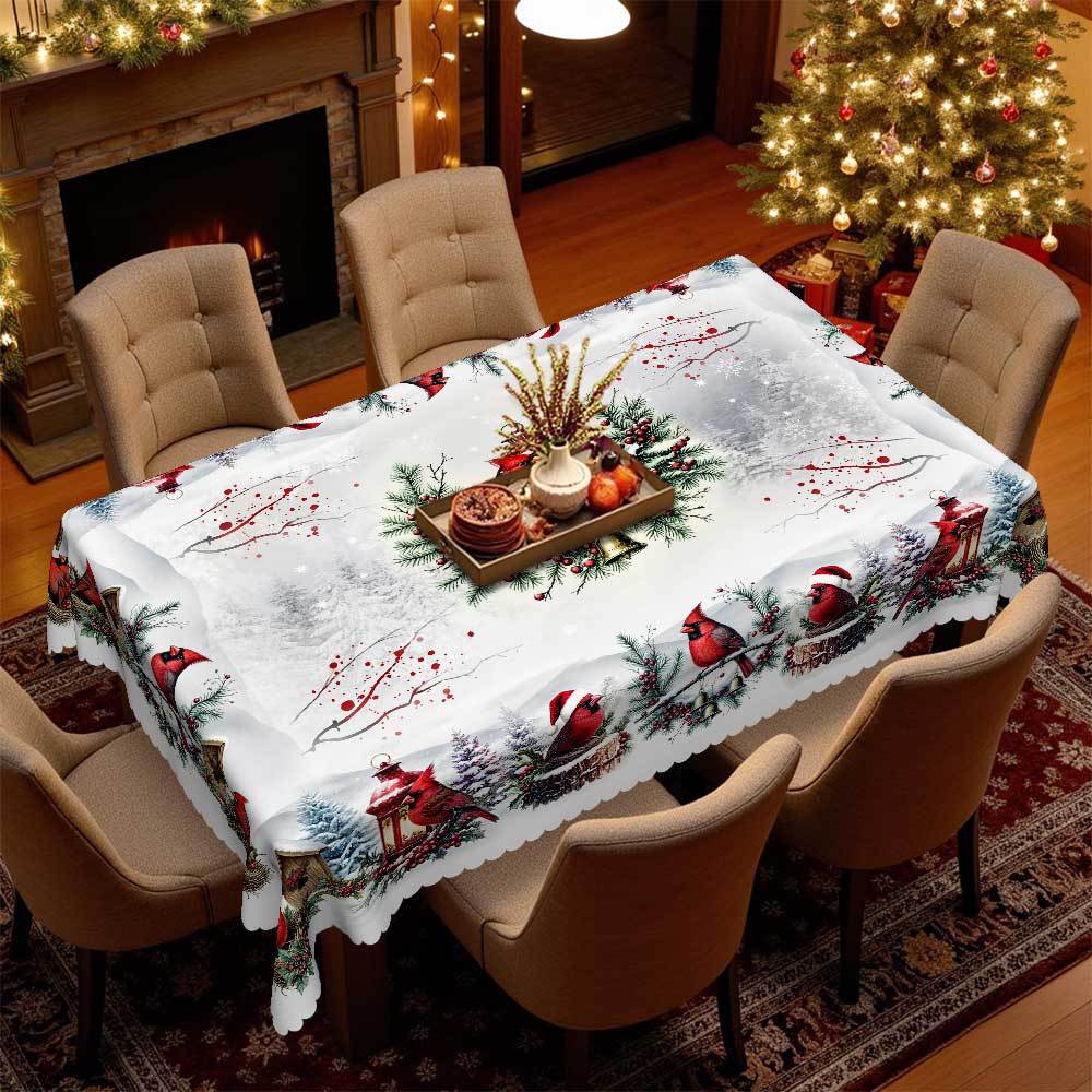 Christmas Cardinal Snow Tablecloth, Round Table Vintage Festive Tablecloth, Snow Berry Lantern Table Decoration